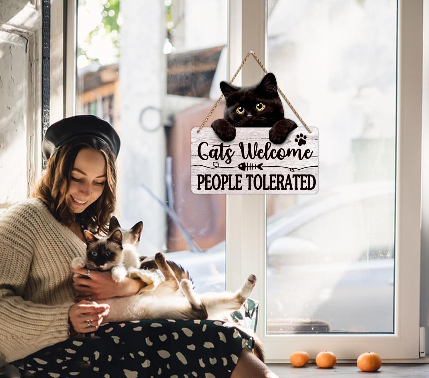 D4DREAM Funny Welcome Sign Cats Welcome People Tolerated Door Sign Black Cat Hanging Wall Sign Cat Gifts for Cat Lovers Funny Cat Plaque for Pet Shop Home Wall Indoor Outdoor Farmhouse Decoration image 3