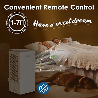 Evaporative Air Cooler, Yovikin 4-IN-1 Portable Air Conditioner Humidifier Air Purifier Cooling Fan, Negative Ions, 3 Modes, 1-7H Timer, Remote Control, 65W Mobile Space Cooler for Home & Office [Energy Class A]