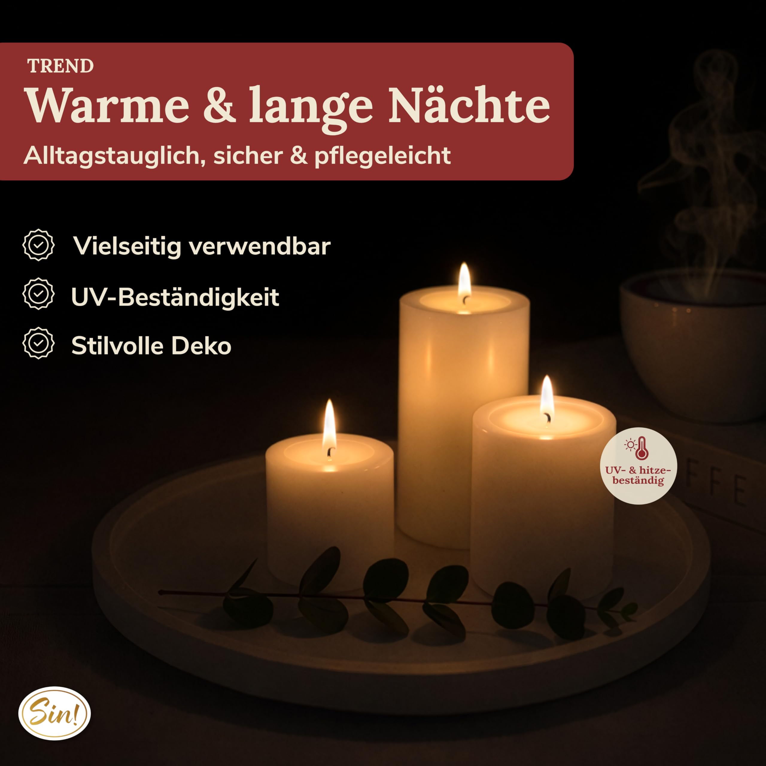 Sin!® 1x Teelichthalter & Dauerkerze Trend ∅12cm Höhe 25cm warmweiß - Die Kerze die Nicht schmilzt! Kunststoff-Kerze inkl. Teelicht 8 Std. Brenndauer (Made IN Germany) Kerzenoptik mit Teelichteinsatz