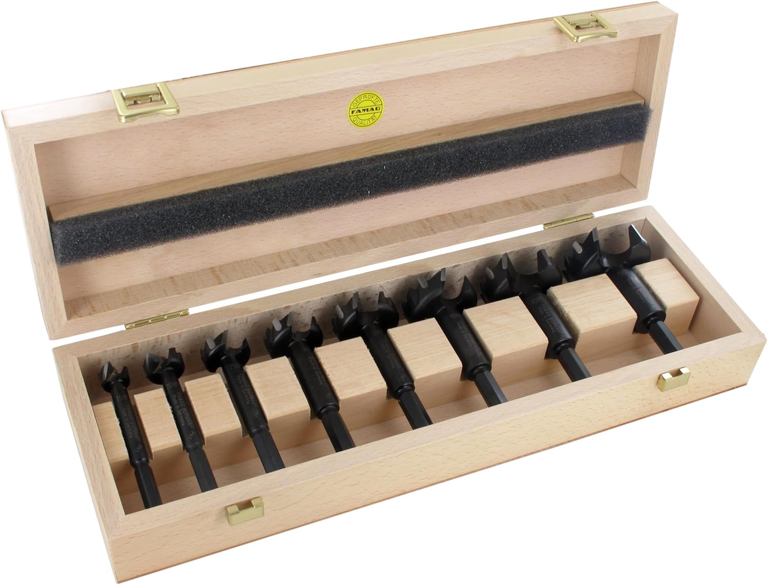 FAMAG Bormax 8-Piece Carbide Forstner Drill Bit Set Diameter 15, 20, 25, 30, 35, 40, 45, 50 mm in Wooden Box