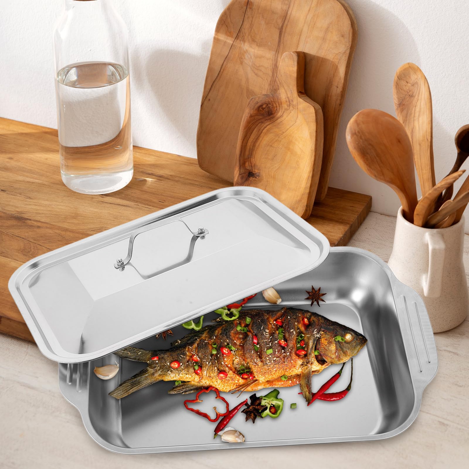 Bandeja para Asar Pescado y Carnes con Tapa de Acero Inoxidable Rectangular con Diseño Profundo Resistente para Reuniones Familiares y Hornear