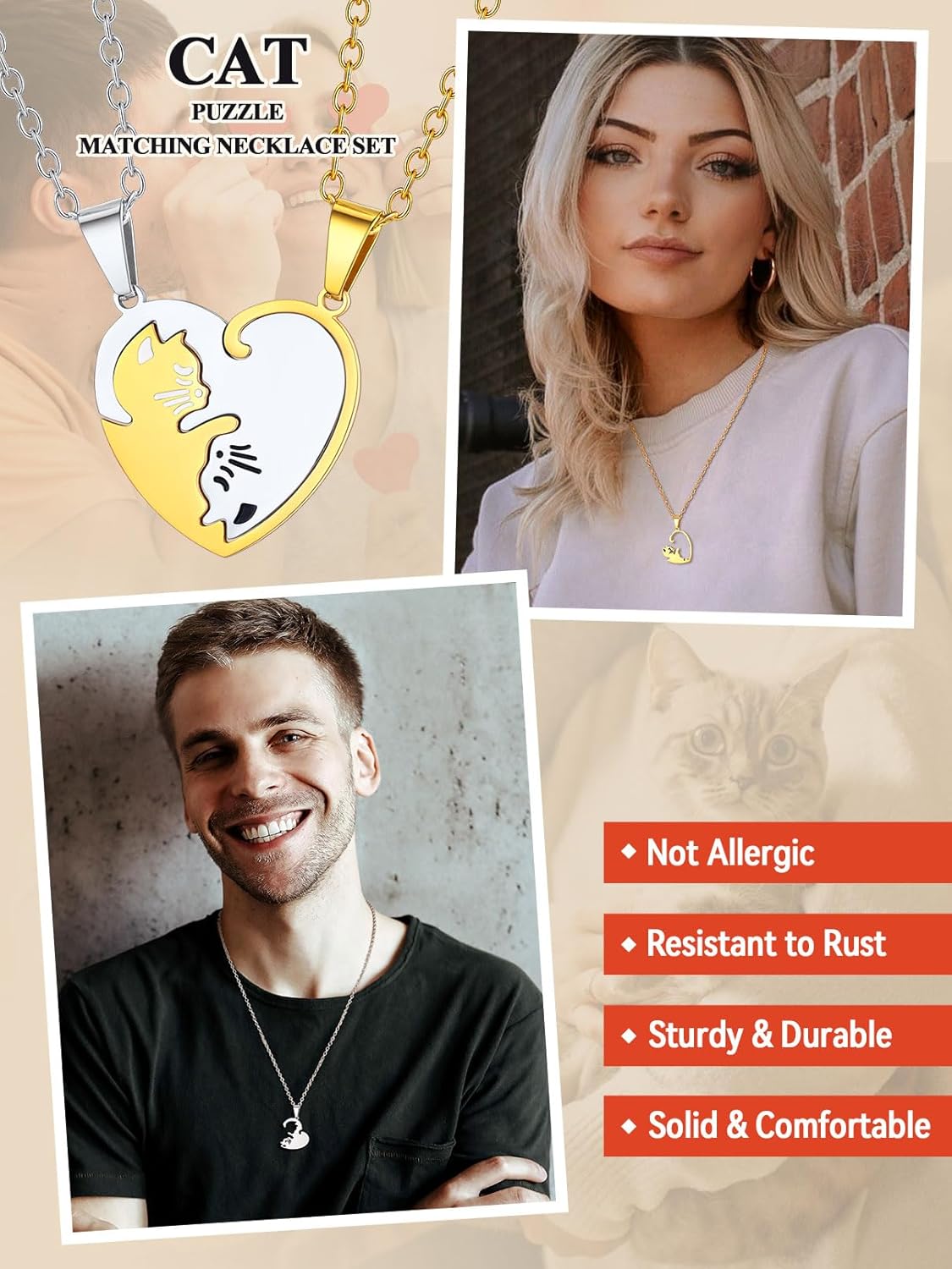 FaithHeart Cat Matching Puzzle Necklace for Couples Bff Heart Pendant with 22inch Black Braided Leather Chain Friendship 2 Cat Matching Necklaces with Gift Box