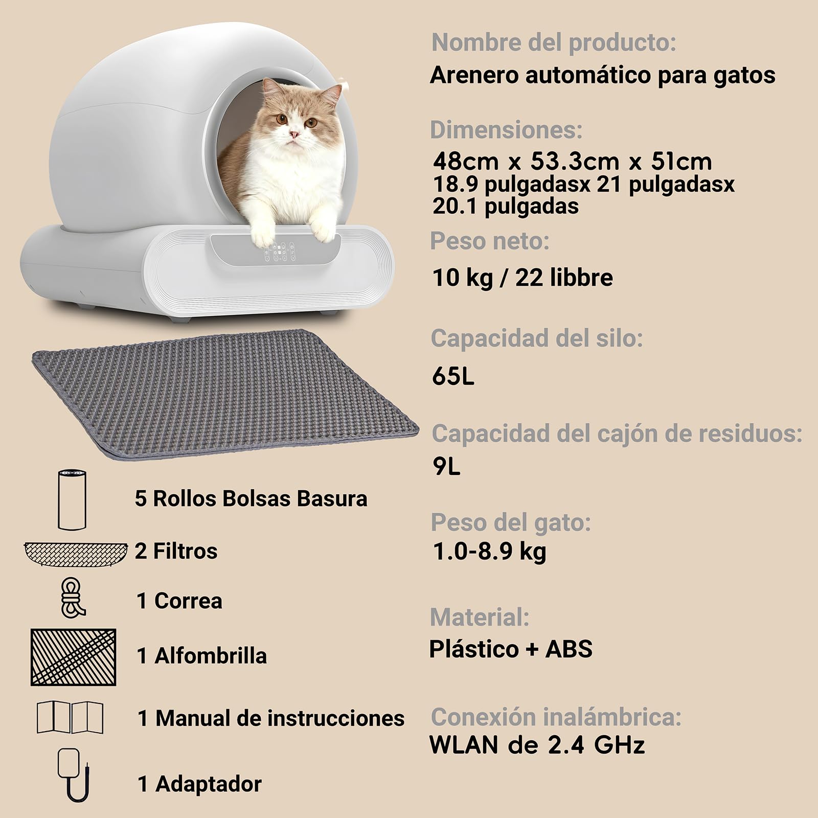 Arenero Automático para Gatos, 65L Gran Capacidad, Autolimpiable con Control App, Sensores de Seguridad Inteligentes, Eliminación de Olores, Ideal para Varios Gatos