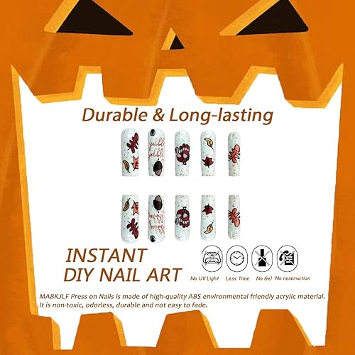 Miniatura 3 de Uñas postizas a presión cuadradas medianas para MABKJLF y Acción de Gracias, color blanco, cobertura completa, hoja de arce, pavo, uñas postizas con