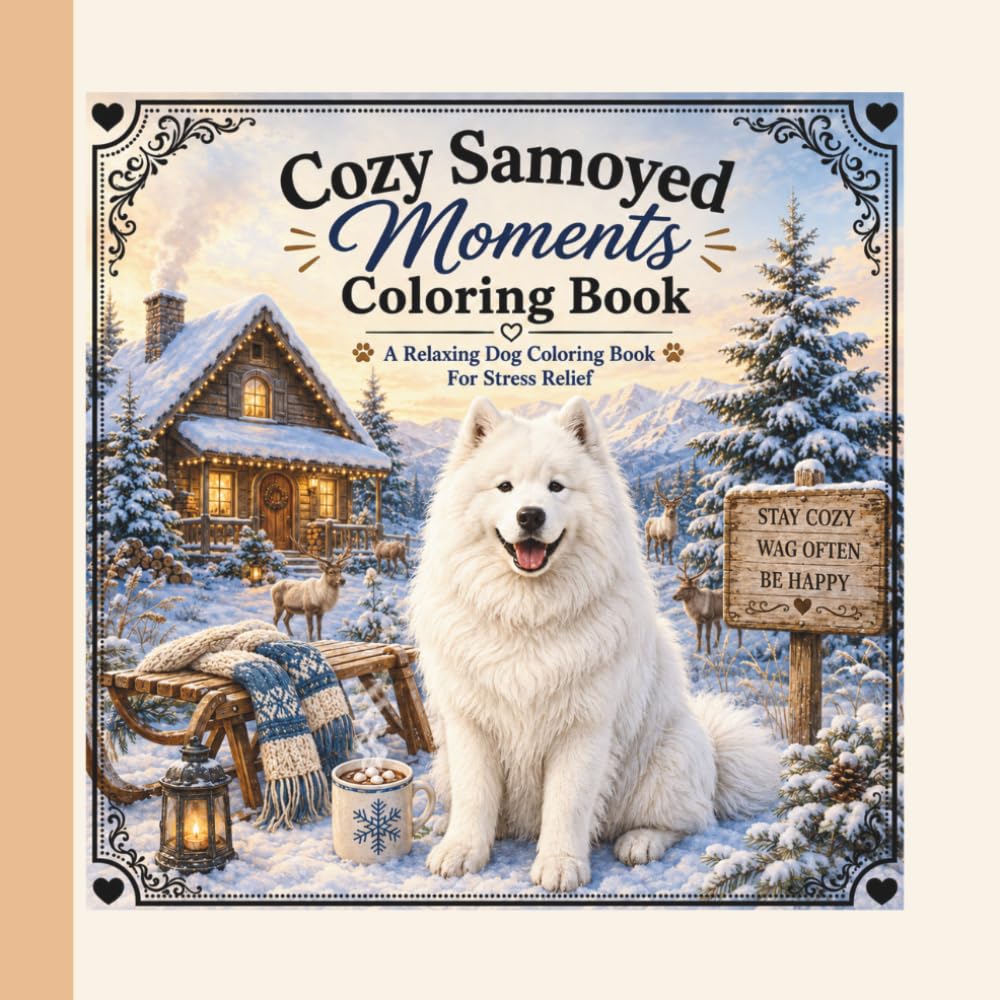 Cozy Samoyed Moments Coloring Book: Adorable Samoyed Coloring Pages for Relaxation, Stress Relief, and Cozy Dog Lovers