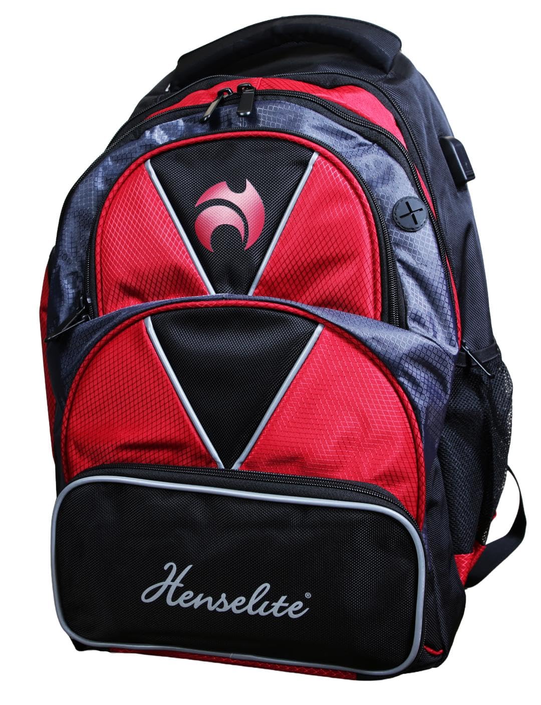 Henselite Lawn Bowls Backpack, Polyester, Holds Four Bowls, 5 Zipped Compartments, Built-in USB Charging Port, 40x37x40cm (Black & Red)