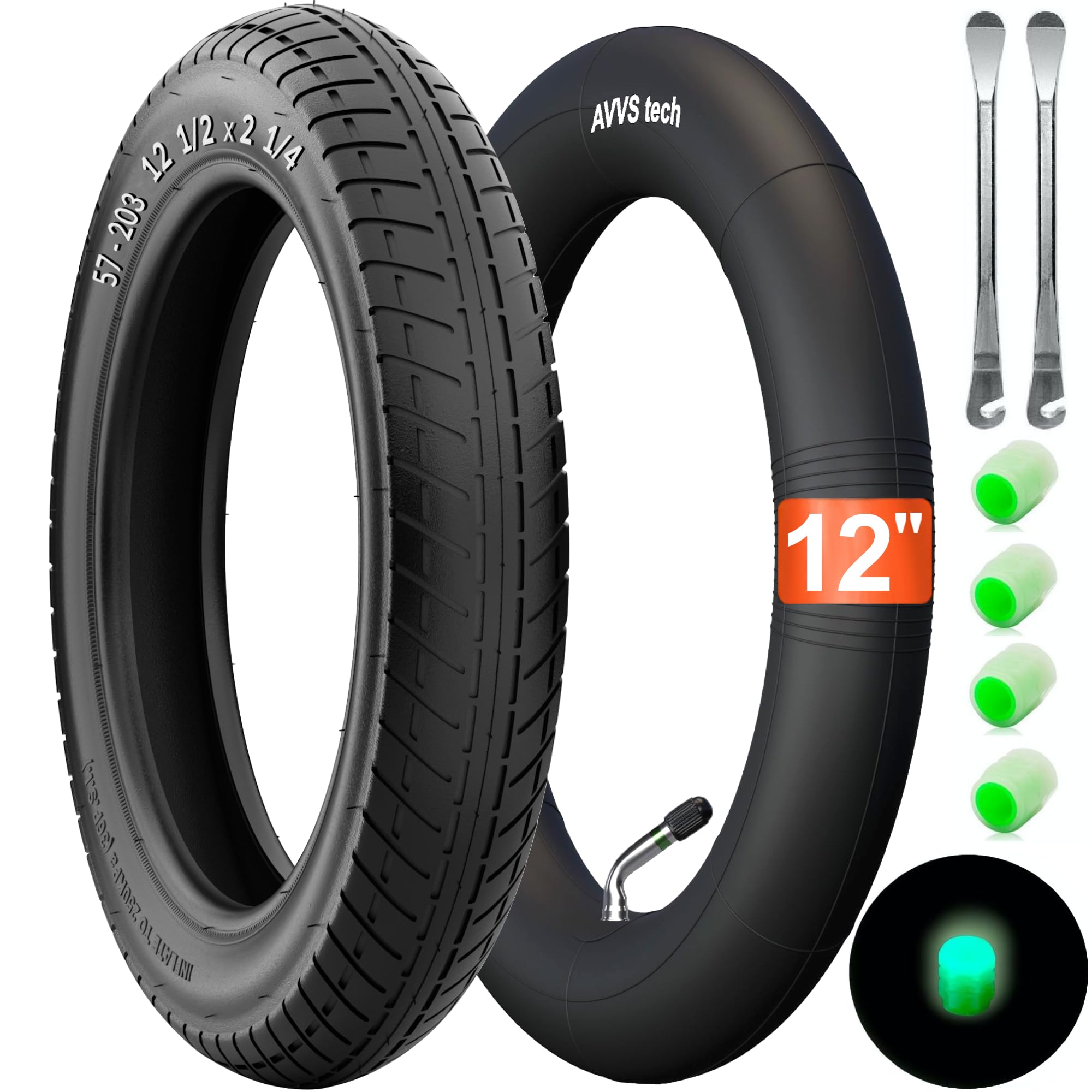 12 1/2 x 2 1/4 (57-203) Reifen & Schlauch Set mit 45° AV Edelstahl Winkelventil inkl. 2 Montierhebel – Ersatzrad für Kinderwagen, Laufrad, Kinderfahrrad & GoKart