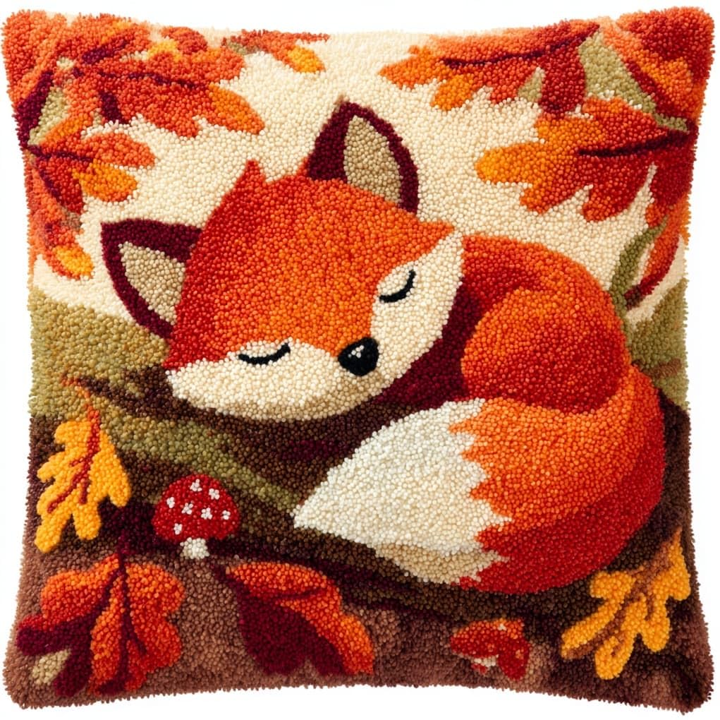 WallustrioaW Latch Hook Kit,Forest Little Fox,Latch Hook Pillowcase Kits DIY Craft for Adults & Kids,Beginner-Friendly Design for Throw Pillows & Gifts,17x17in