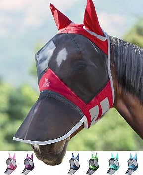 Harrison Howard CareMaster Pro Luminous Horse Fly Mask Large Eye Space Long Nose with Ears UV Protection for Horse Red M Cob