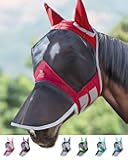 Harrison Howard CareMaster Pro Luminous Horse Fly Mask Large Eye Space Long Nose with Ears UV Protection for Horse Red M Cob