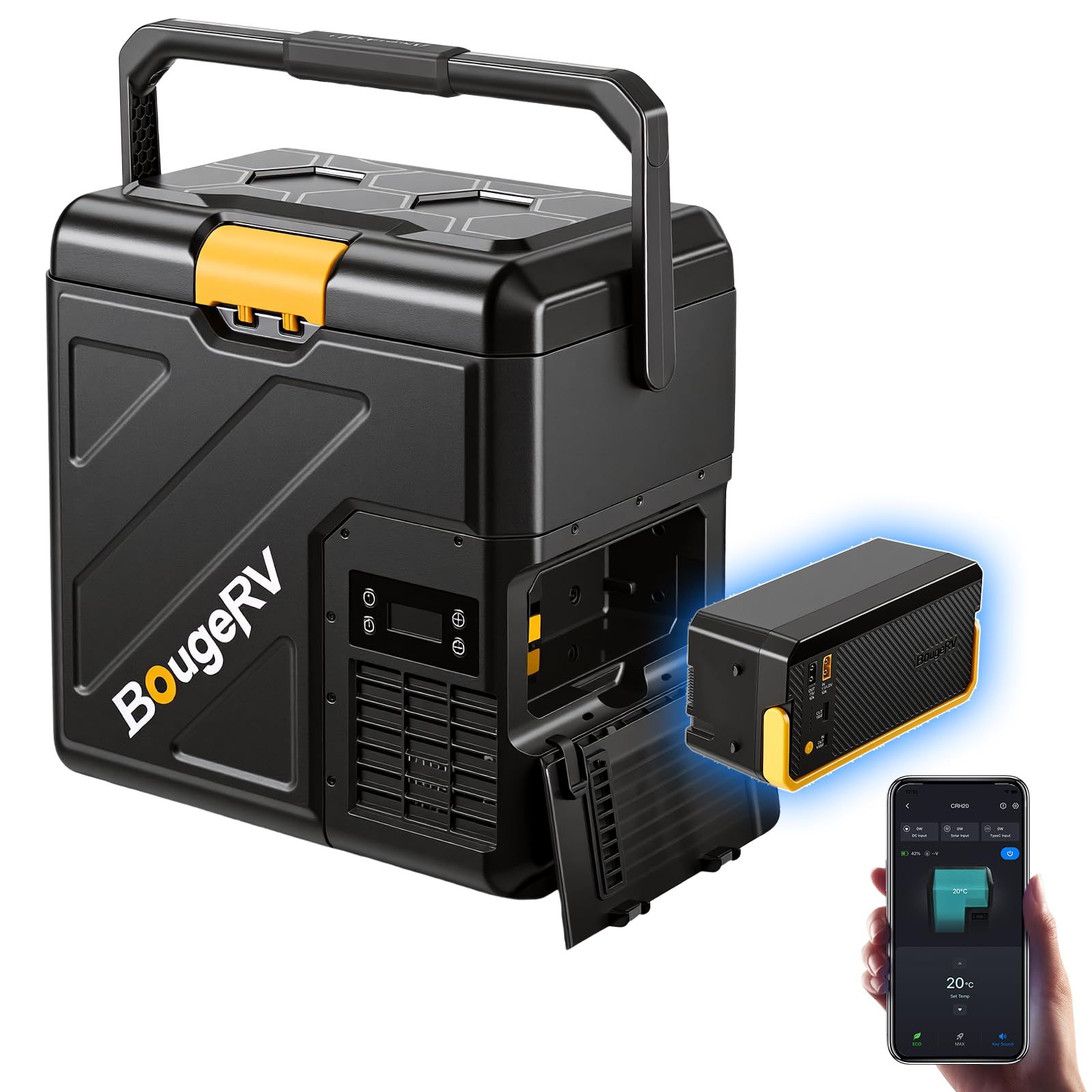 BougeRV CRH20 12V Car Fridge with 240Wh Battery, 20L Compressor Refrigerator, Portable Freezer, IPX4 APP Control -20℃ to 20℃, 12/24V DC, 110~240V AC for RV Road Trips Truck Camping Outdoor (2026 New) - 1