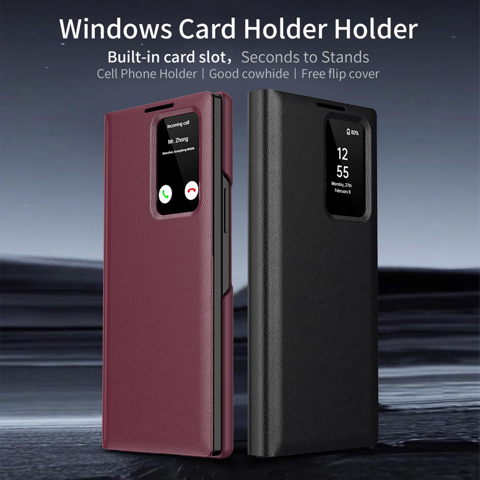 Ribaltabile Cover per Samsung Galaxy Z Fold 8 Ultra, Finestra Intelligente | Sottile Lusso Affari Pelle Custodia con Porta Carte e Funzione di Supporto Caso,Nero,Fold 8 Ultra
