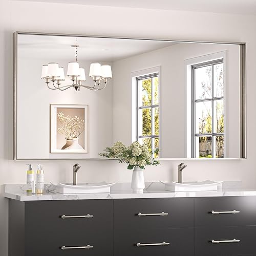 Miniatura 73 de Keonjinn Espejo de baño dorado de 48 x 36 pulgadas, espejo rectangular con marco de metal dorado cepillado, espejo de pared grande rectangular