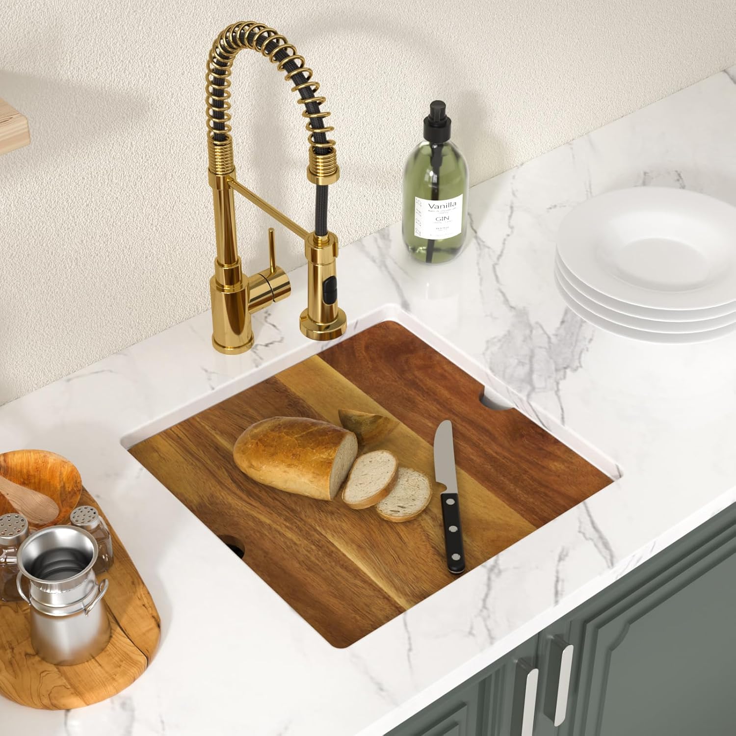 Lordear 18 Inch White Kitchen Sink Granite Composite Undermount Bar Workstation 18x18 White Quartz Sinks Under Counter Single Bowl with Classic Gold Accessories