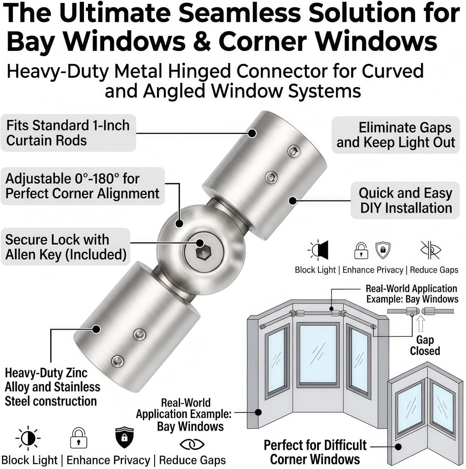 Heavy-duty adjustable corner curtain rod connectors, 2-pack. Brushed silver metal hinged corner connectors, suitable for 1-inch bay window curtain rods and blinds