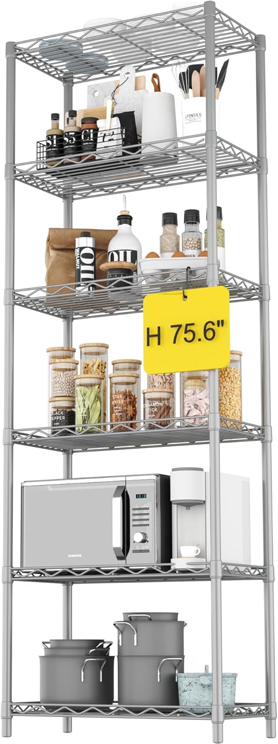 HOMEFORT 6-Tier Wire Shelving, 6 Shelves Unit Metal Storage Rack, Durable Organizer, Perfect for Pantry Closet Kitchen Laundry Organization(Grey)