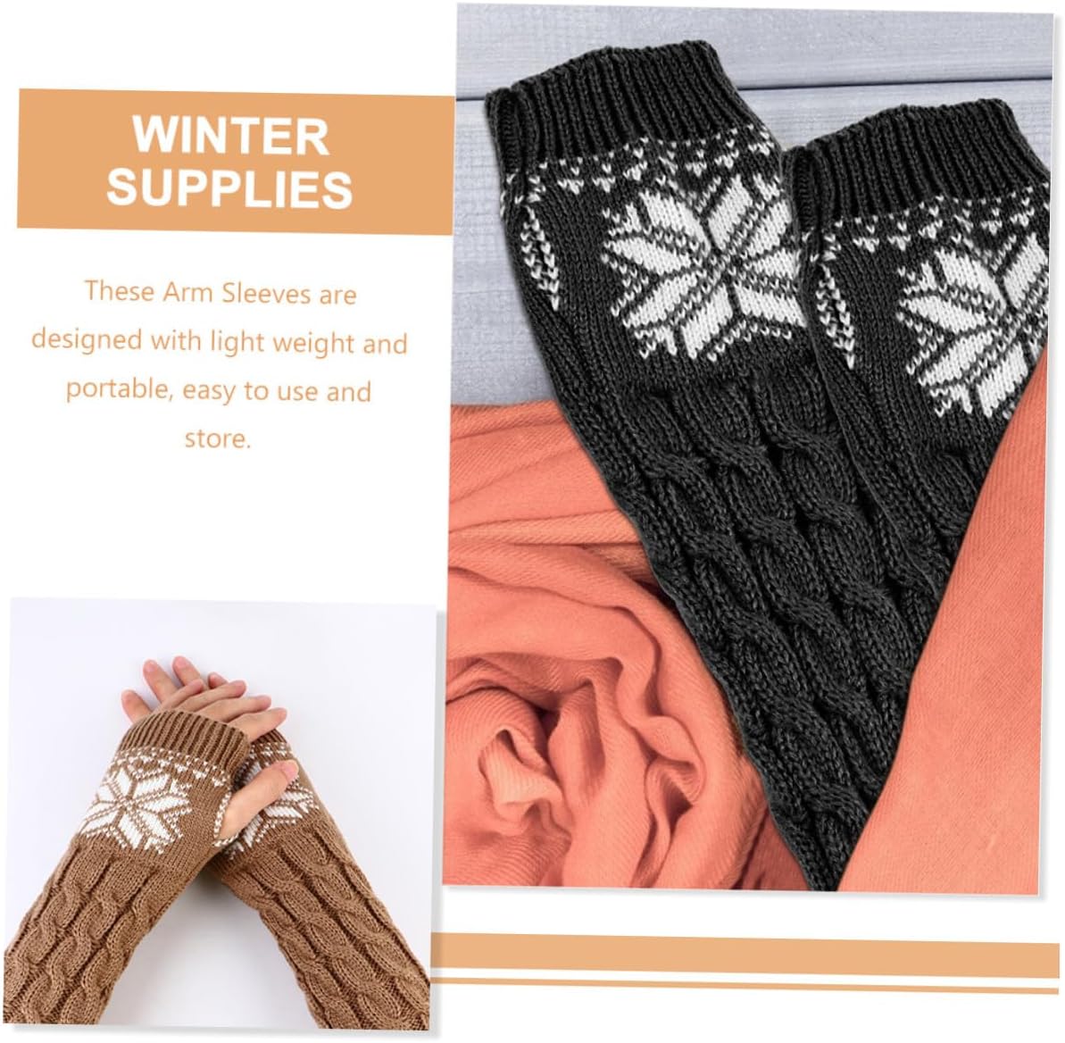 2 Pairs Women’s Winter Jacquard Arm Warmers Long Fingerless Gloves with Snowflake Pattern, Black One Size, Warm Arm Protective Sleeves for Outdoor and Cold Weather Use