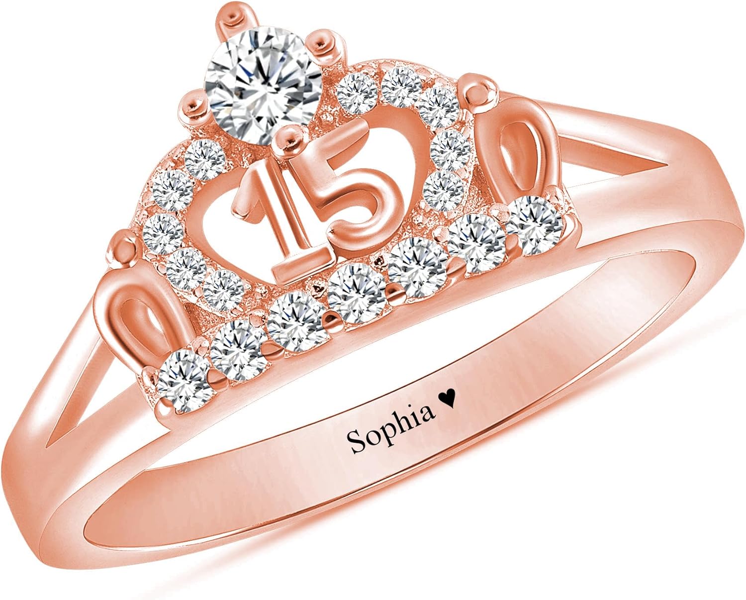 925 Sterling Silver 10K 14K 18K Gold Personalized Daughter Sweet 15 Crown Rings Engraved 15th Birthday Ring with Created Birthstone Gift for Women