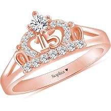 925 Sterling Silver 10K 14K 18K Gold Personalized Daughter Sweet 15 Crown Rings Engraved 15th Birthday Ring with Created Birthstone Gift for Women