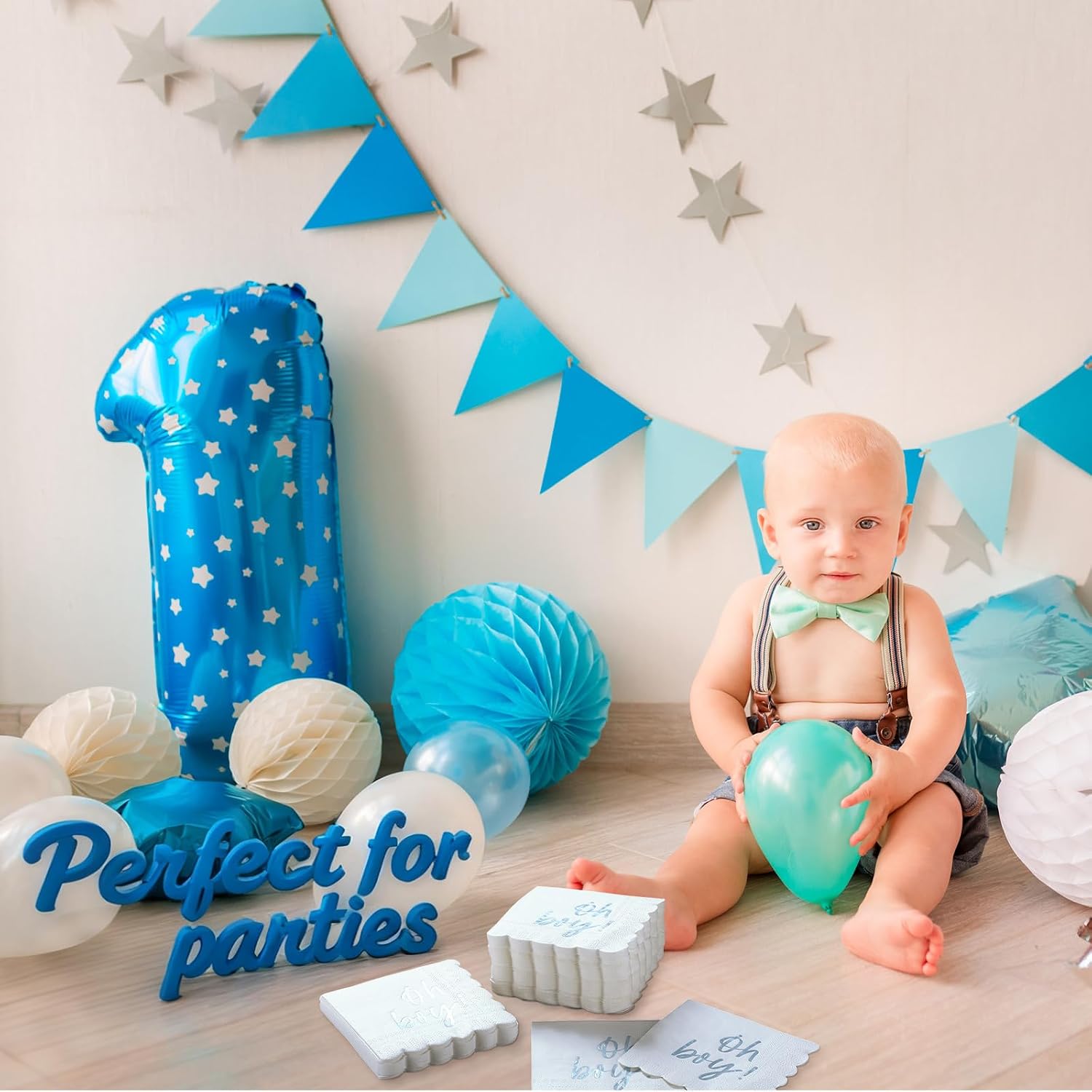 Fuyoooo 100 Pcs Baby Shower Napkins Paper Luncheon Beverage Napkins for Baby Shower Foil Guest Serviette 5 x 5 Inch for Boy Girl Welcome Party Dinner Cocktail Decorations (Blue Scalloped)