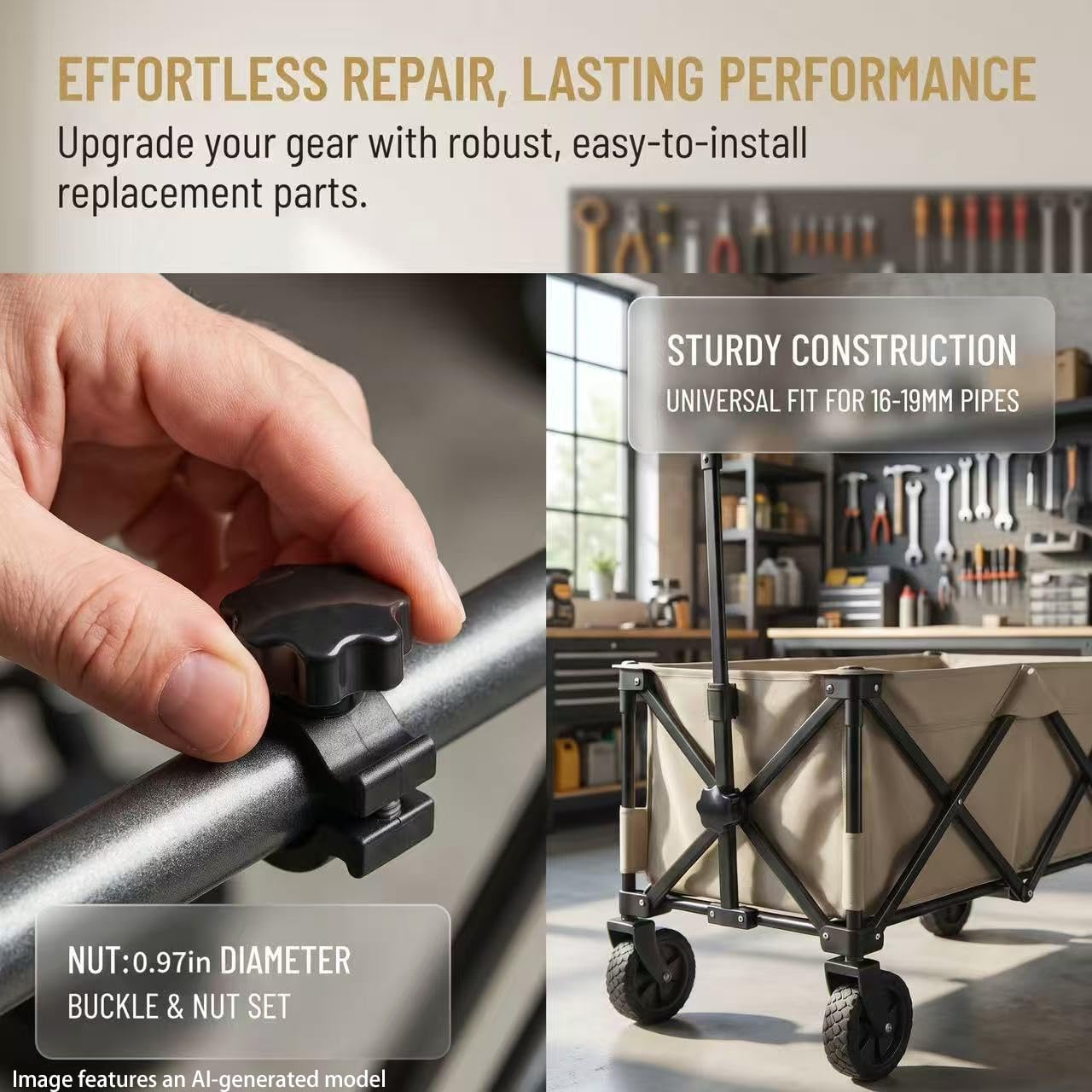 4 Sets M6 Star Knob with 6mm Nut Clip, Black Copper Core Stainless Steel Collapsible Wagon Cart Replacement Knobs & Bracket Clips for Folding Utility Wagon Table Top