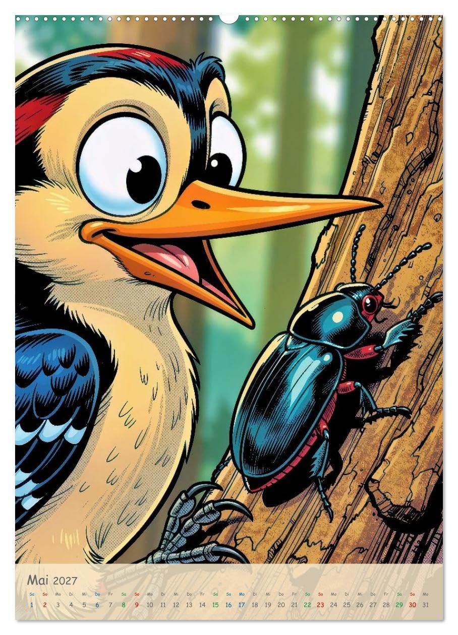 Lustige Buntspechte - Comic (hochwertiger Premium Wandkalender 2027 DIN A2 hoch), Kunstdruck in Hochglanz: Ob sie gerade fröhlich auf Bäumen trommeln, ... garantiert für gute Laune. (CALVENDO Spass)