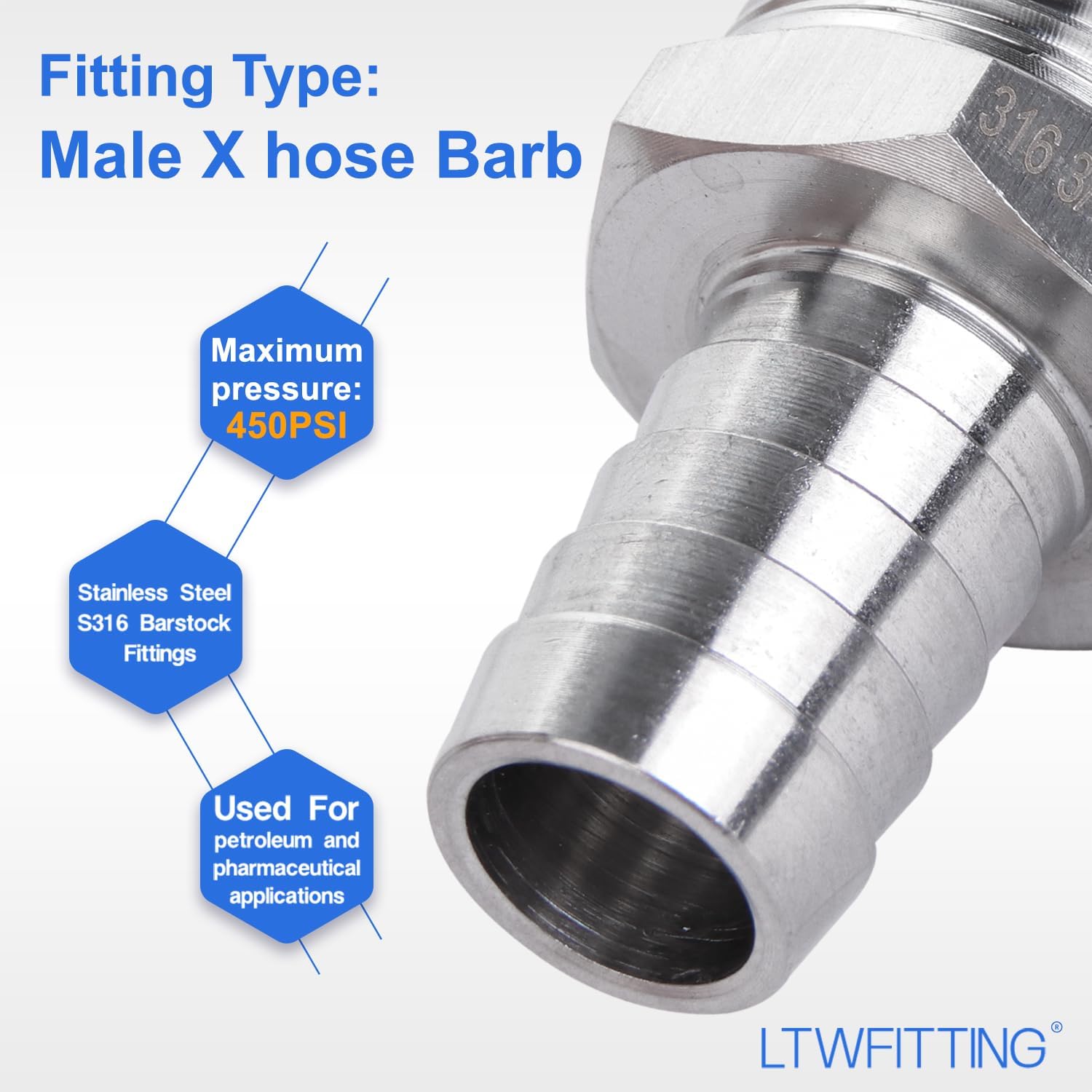 LTWFITTING Bar Production Stainless Steel 316 Barb Fitting Coupler/Connector 5/8" Hose ID x 3/4" Male NPT Air Fuel Water (Pack of 25)