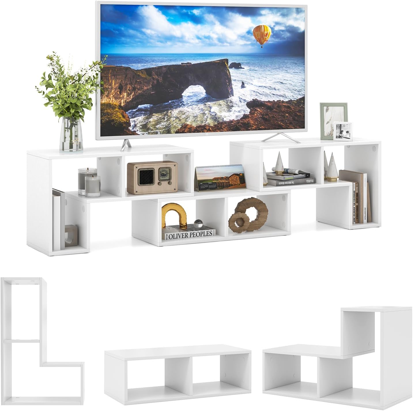 3 Piece TV Stand, Modular TV Console with Bookshelves, Free Combination w/Storage Cubes for 50 to 65 Inch TV, Modern Entertainment Center for Living Room, Bedroom (White)