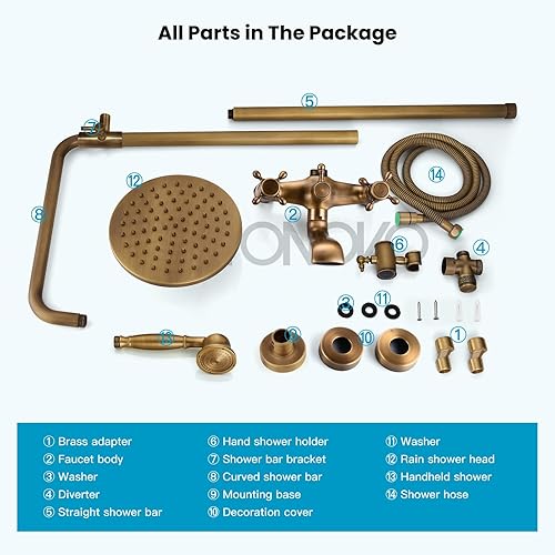 Miniatura 8 de gotonovo Juego de ducha de baño de latón antiguo de 8 pulgadas, juego de cabezal de ducha de lluvia vintage, 2 pomos cruzados, mezclador de pared