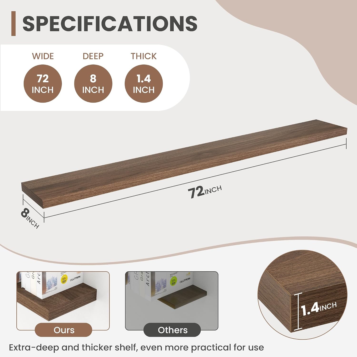 Acovy 72 Inch Floating Shelves, 8 Inch Deep Floating Shelves for Wall, Hanging Shelf with Invisible Brackets, Deep Shelves for Bathroom, Bedroom, Living Room, Walnut, Set of 2