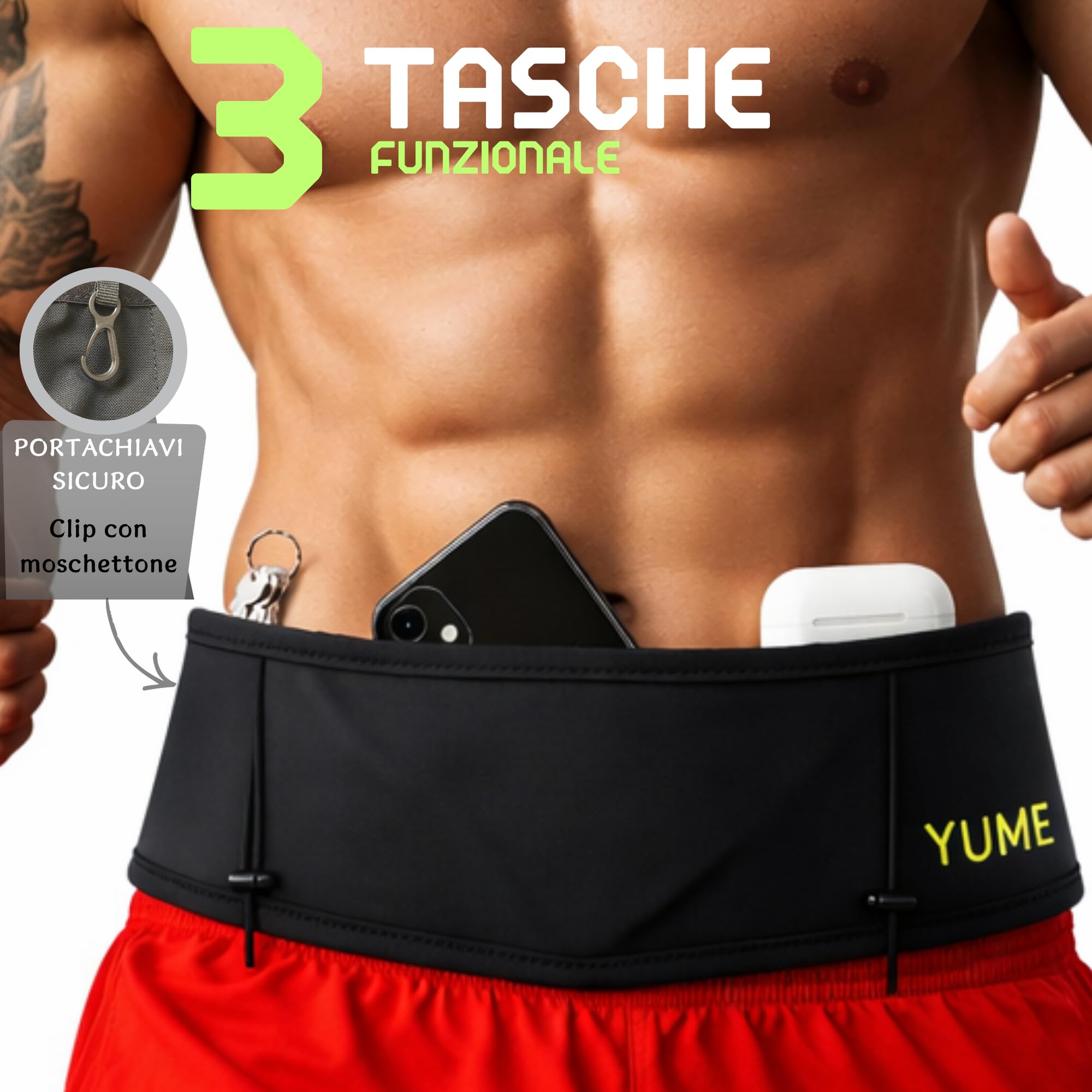 YUME Marsupio Running con 3 tasche + portaborraccia - Marsupio corsa per uomo e donna (NEGRO, M)