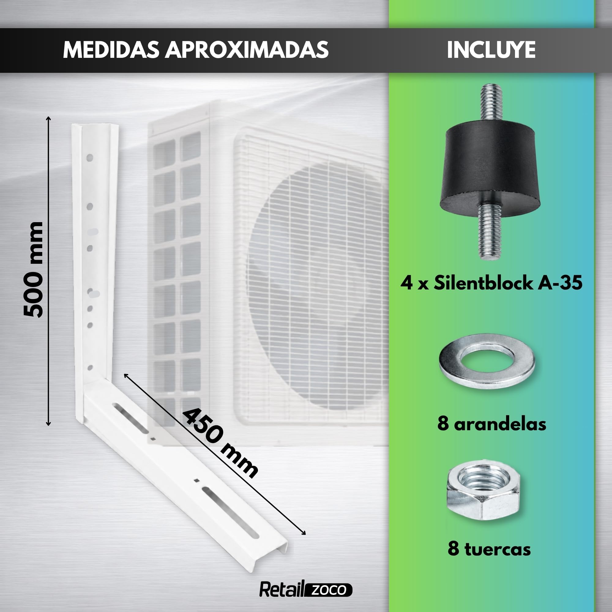 Soportes Unidad Exterior Aire Acondicionado, Soporte pared maquina de aire estructura soldada, Tamaño Alto 500 x Largo 450 x Ancho 60mm, Incluye pack 4 unidades Silentblock A-35 antivibradores