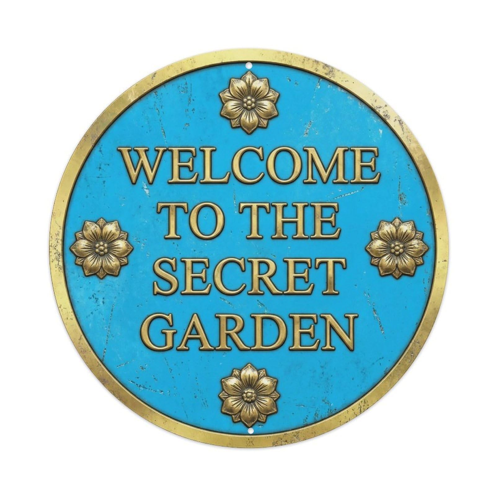 Vintage Welcome Secret Garden Brass Azure Delphinium Metal Tin Sign