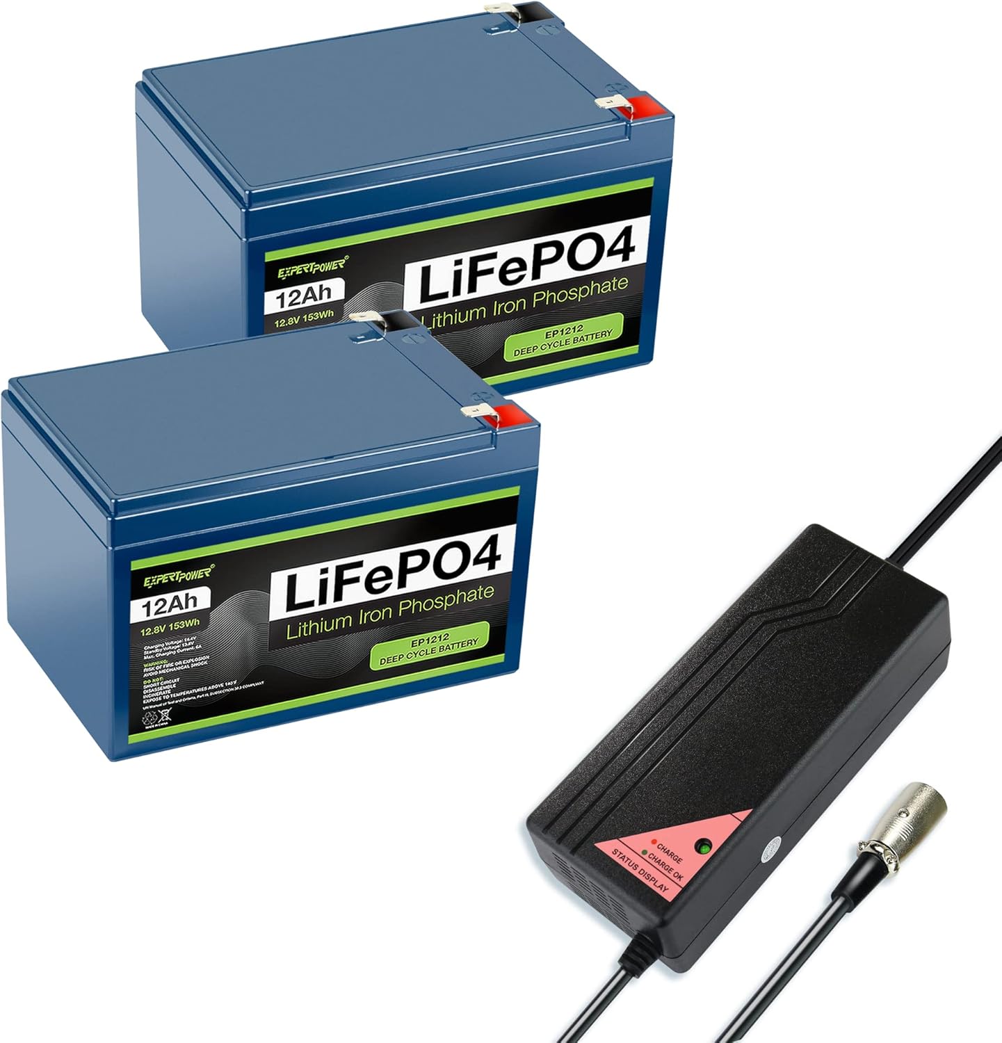 ExpertPower 2 Pack 12V 12Ah LiFePO4 Lithium Battery, 24V 5A Smart Charger | XLR Male Connector | For 24V Go-Go Elite Traveller, Jazzy Power Chair, Pride Mobility Shopride, Schwinn
