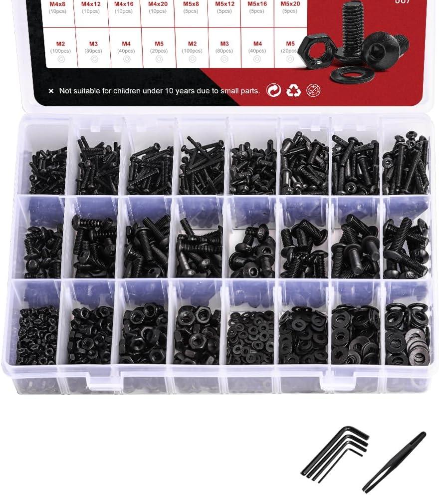 SJ 720 PCS Socket Screws Assortment Set M2 M3 M4 M5 Allen Round Flat Bolts Hex Nut Black 10.9/12.9 Carbon Steel Washers Tool Kit - (Color: Round Head 10.9)