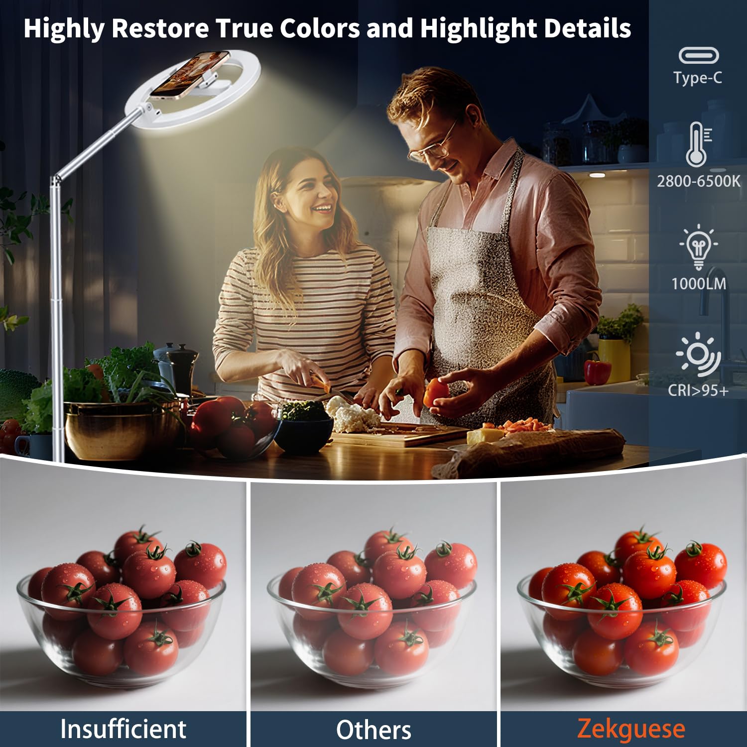 Ring Light Professionnel Smartphone Overhead 174cm, avec Trépied Idéal pour TikTok, Les Diffusions en Direct de Cours de Cuisine et Les Vidéoconférences.