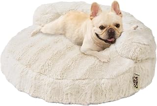 EHEYCIGA Medium Dog Bed: Fluffy Faux Fur Small Dog Couch, Waterproof Non-Slip Bolster Pet Sofa, Washable Cover 30x30x8.5 Inch Cream