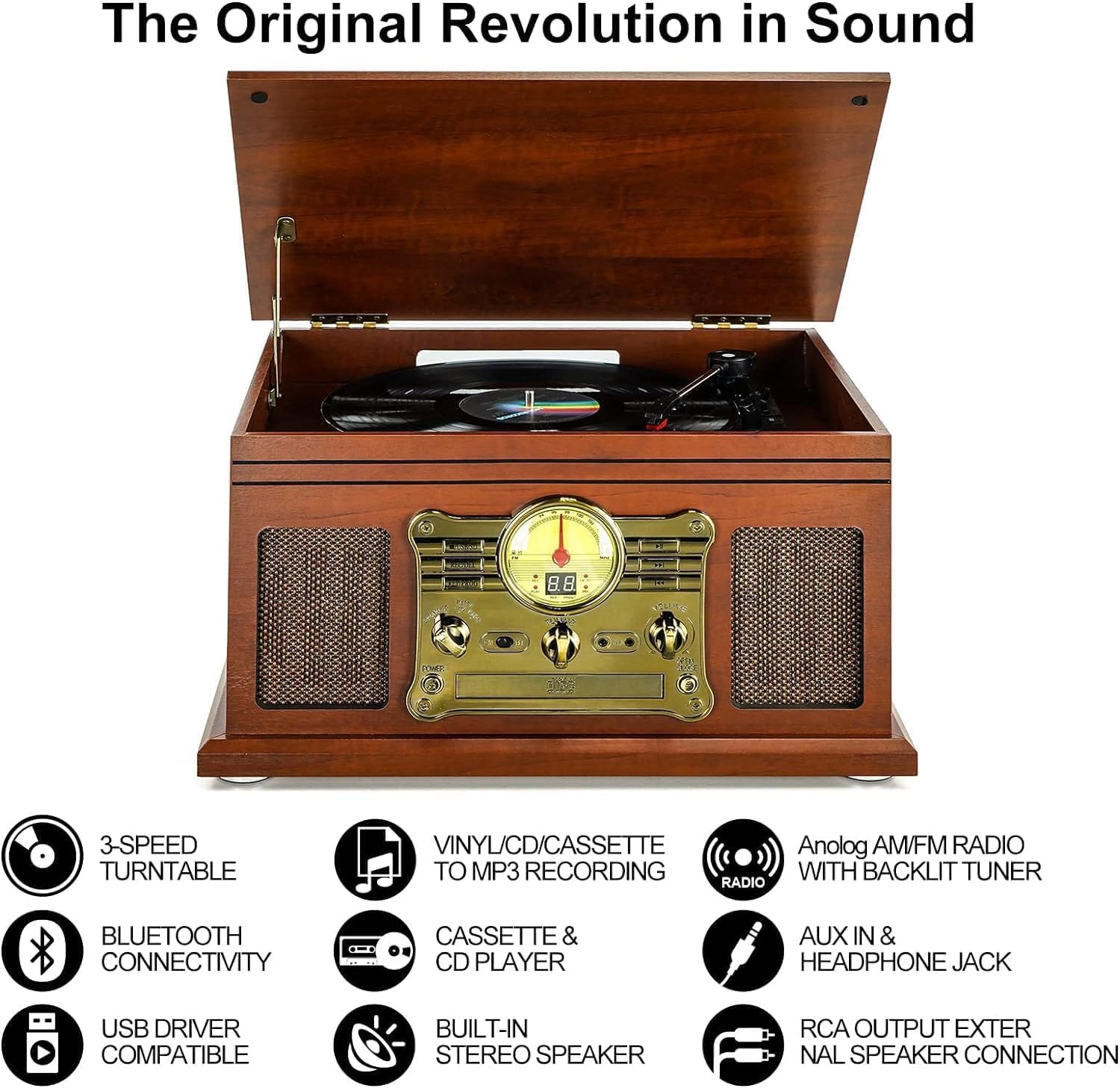 Mersoco Giradischi Vinile Bluetooth con altoparlanti stereo, Convertitore LP da vinile a MP3 con CD, lettore di cassette, radio FM, Aux in e prese per cuffie