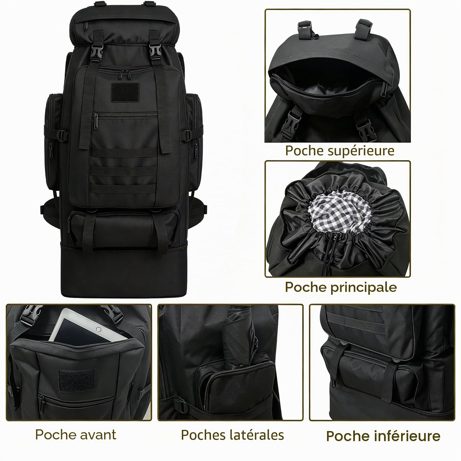 80L Randonnée Camping Sac À Dos Voyage MOLLE Sac À Dos, Sacs À Dos Tactiques Militaires, Épaissie Réglable Imperméable À L'eau De Grande Capacité Sac À Dos Extérieur