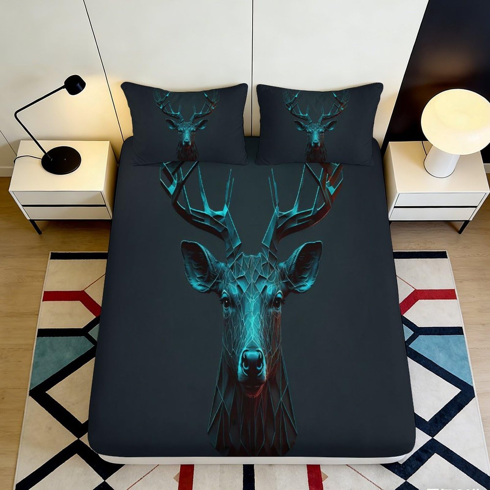 3D Printed Geometric Deer Fitted Sheet Microfiber Soft Dark Forest Stag Mattress Cover for Bedroom Dorm Decor 200x200x25cm