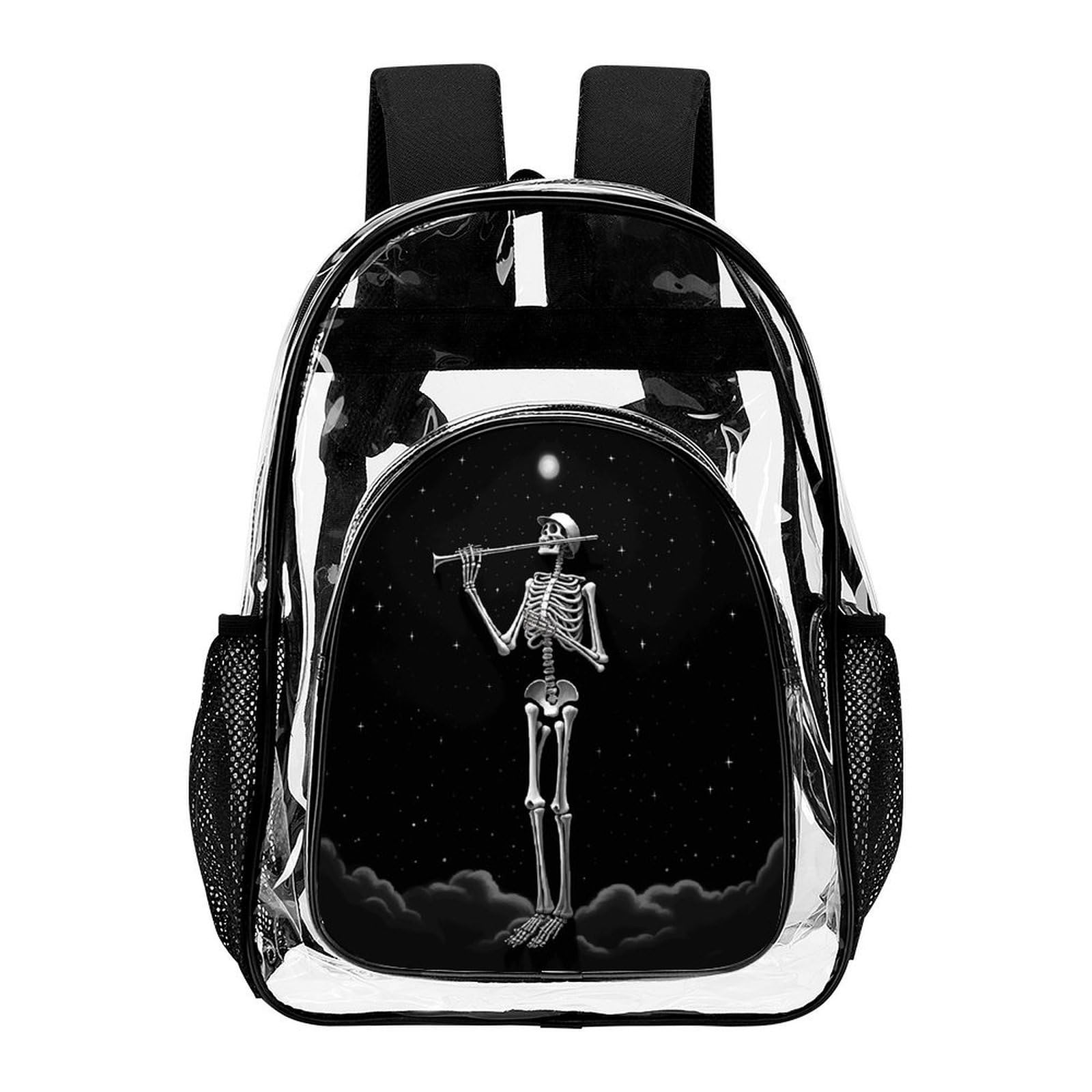 Transparenter Rucksack, Motiv: Skelett in der Nacht, groß, transparent, PVC, Büchertasche für Sicherheit, Arbeit, Reisen, Stadion