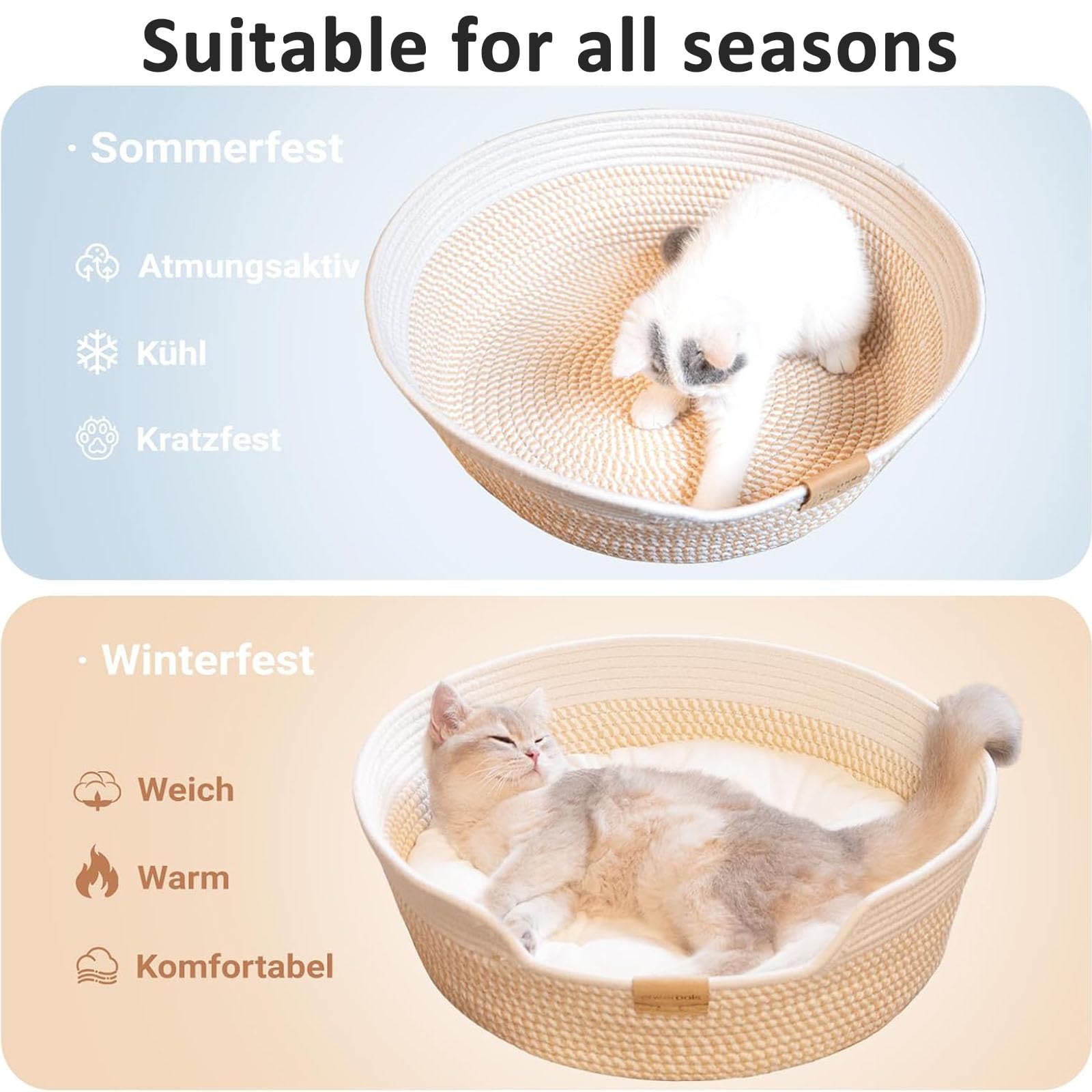 Cama para Gatos con Cojín y Cuerda de Algodón Tejida | Cesta de Gato Lavable Resistente al Desgaste, Camas para Gatitos de Interior, Cama Cálida Universal para Todas las Estaciones