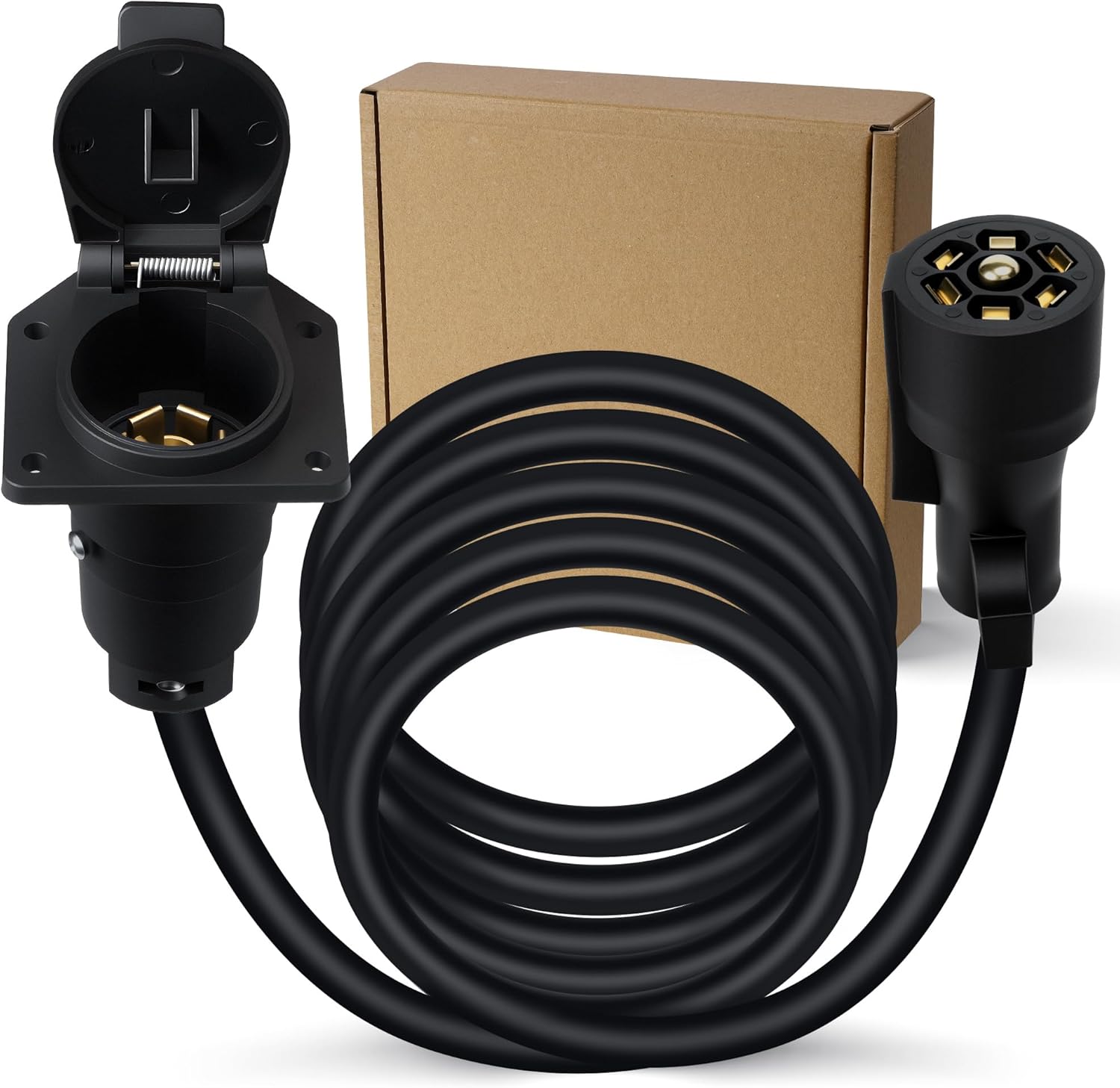 7 Way Trailer Plug Socket Extension Cord 12FT, Heavy Duty 7 Pin RV Plug Connector, Pure Copper 7 Blade Trailer Wiring Connector Cable for Towing Car