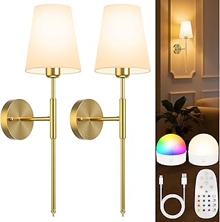 ECOHOM Battery Operated Wall Sconces Set of 2, Wireless Wall Lights with Rechargeable Bulbs & Remote, 15 Colors & Dimmabl...