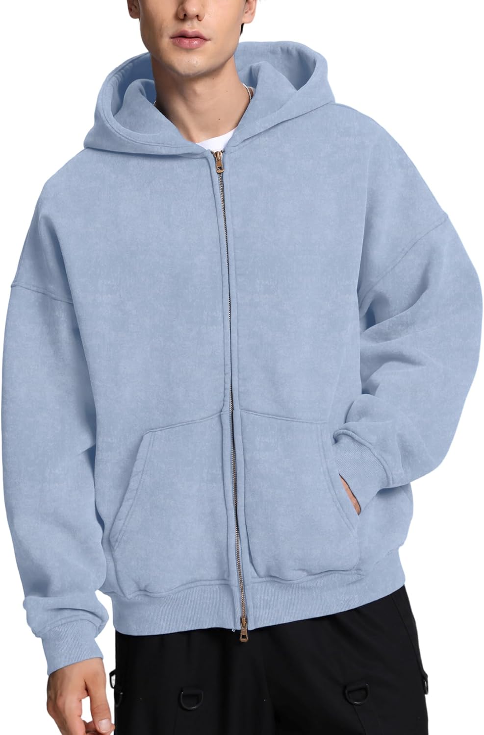 FAIABLE Womens Mens Double Zip Up Hoodie Oversized Acid Wash Heavyweight Hoodie Distress Cotton Fleece Full Zipper Sweatshirt