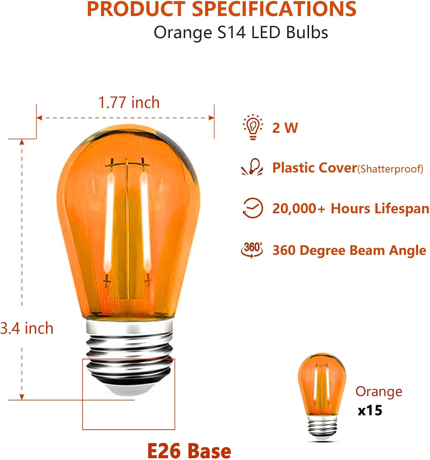 15 Pack S14 LED Orange Light Bulbs, Shatterproof 2 Watt E26 Base image 2