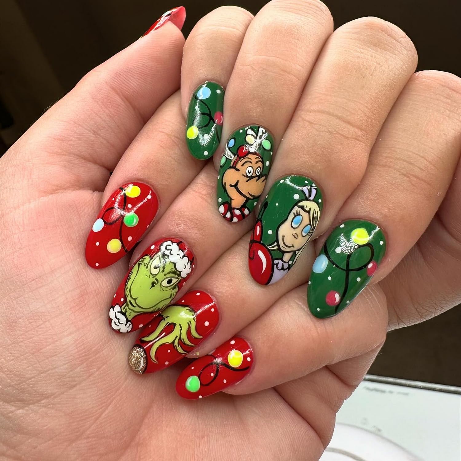 Christmas Press On Nails - Short Square Glossy Acrylic Nails with Fun Green Monster and Dog Design Winter Xmas Theme Full Cover False Nails - 24 Pcs