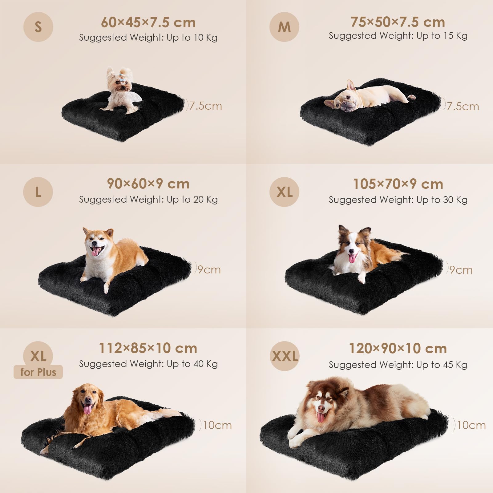 EHEYCIGA Cuscino per Cani Taglia Media, Cuscino Cane Morbida lavabile, Morbido e Confortevole Letto per Cani a Pelo Lungo, Nero, 75x50x7.5cm