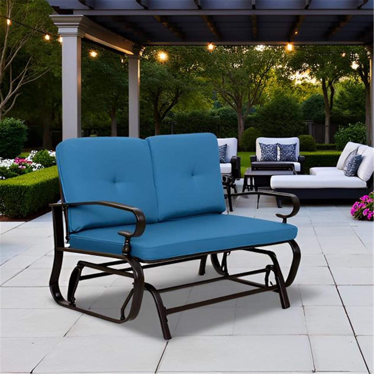 SUNCROWN Outdoor Swing Glider Chair, Patio 2 Seats Loveseat Rocking Chair with Cushions, Steel Frame Furniture - Peacock Blue