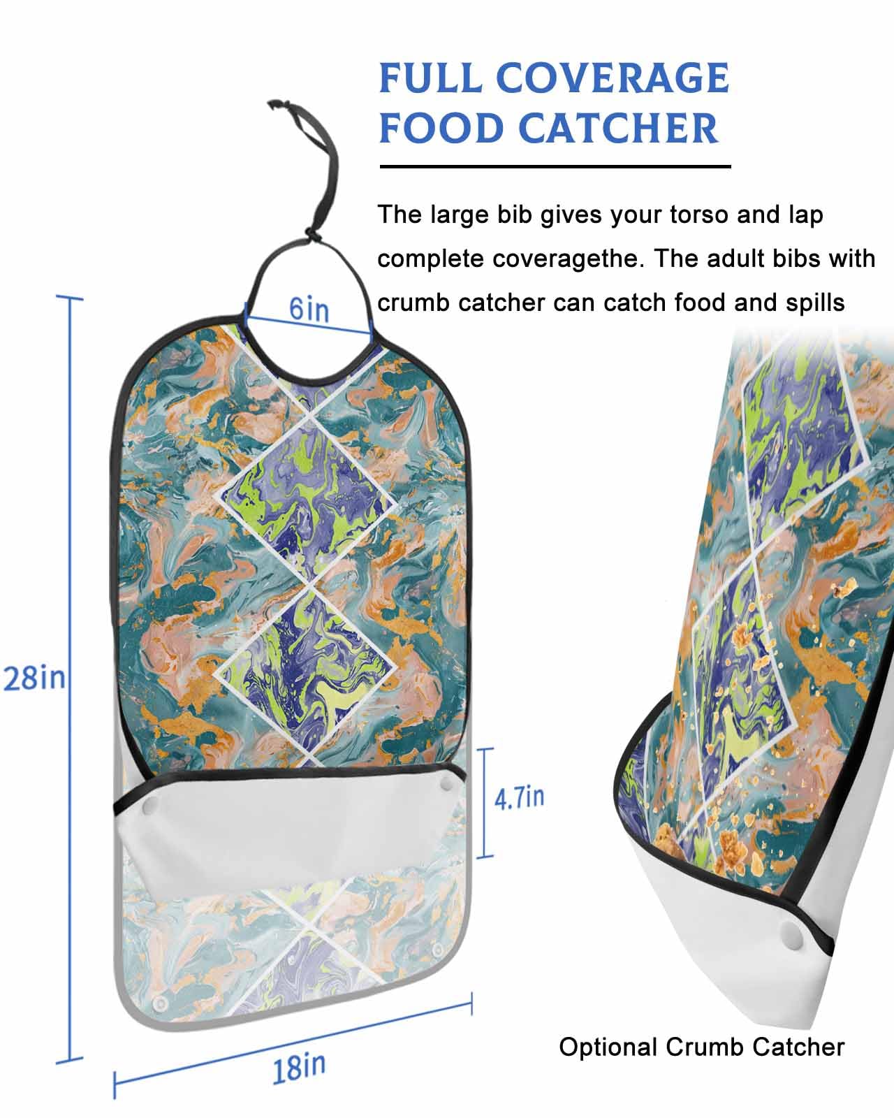 LEOKOTI Abstract Geometric Adult Bibs for Eating, Waterproof Bibs with Food Catcher & Adjustable Snap Closure, Contemporary Marble Abstract Art Washable Clothing Protectors Adult Bibs for Elderly